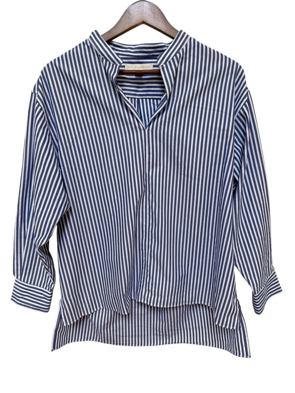 ANN MASHBURN Blue and White Striped Popover Blouse Size: Medium
